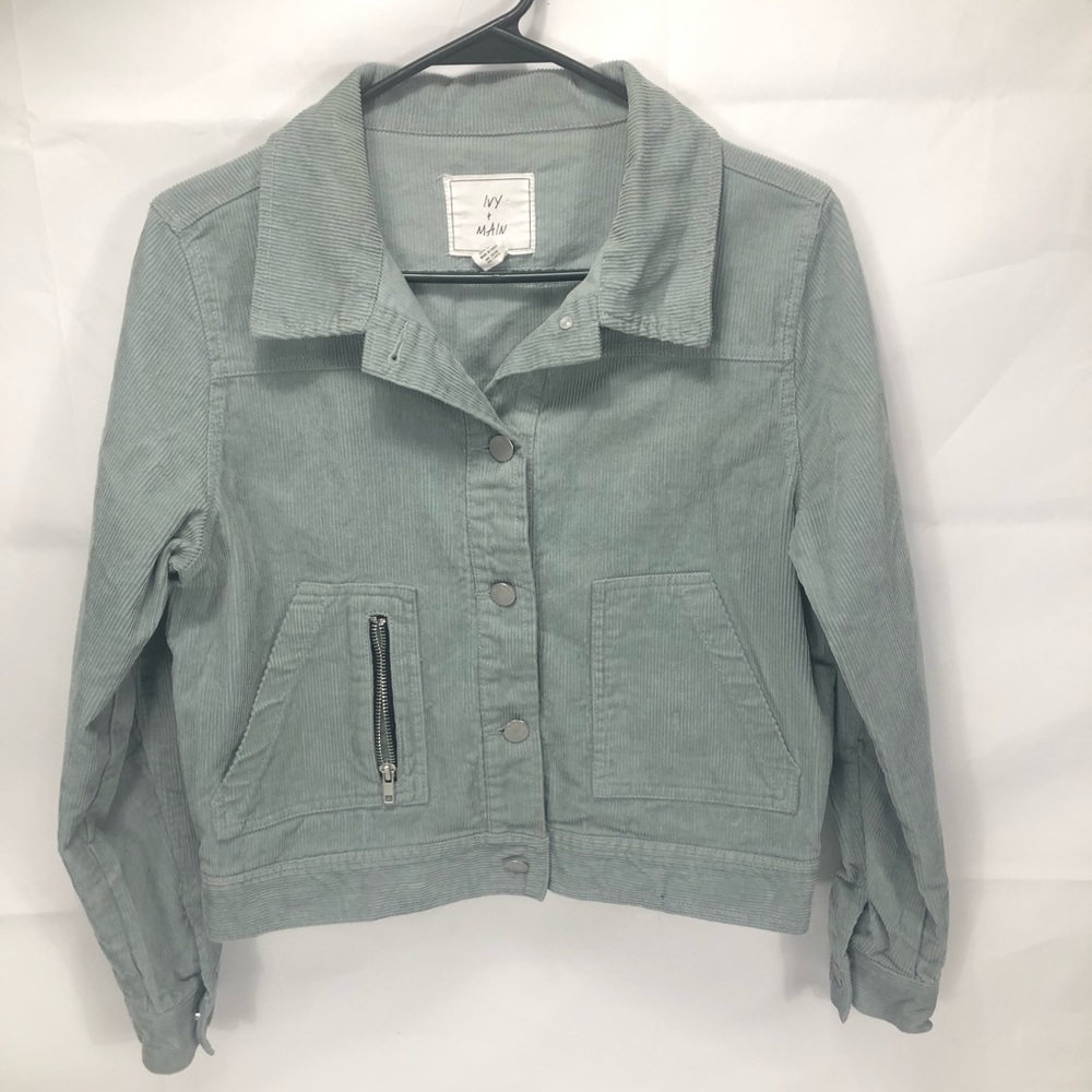 Ivy & Main Jacket Womens Medium Green Gray Corduroy Button Up Pockets Moto